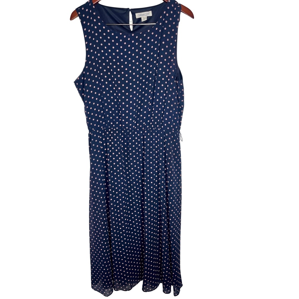 Coldwater Creek‎ Dress Women 16 Navy Pink Polka Dot Sleeveless Chiffon Midi